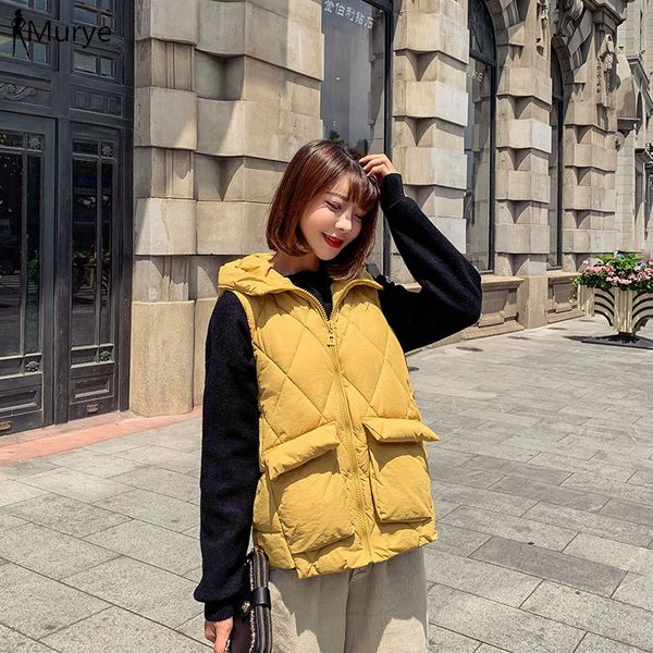 

autumn vest women plaid hooded sleeveless thicken slim outwear pocket korean yellow winter coats for women pink padded clothes, Black;white