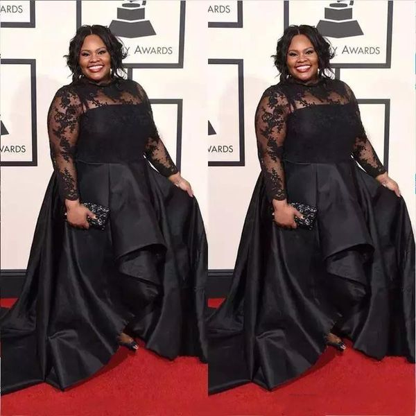 

Plus Size Mother Dresses 2019 Black Long Sleeves Sheer Lace Satin Evening Gowns Formal Celebrity Red Carpet Dress