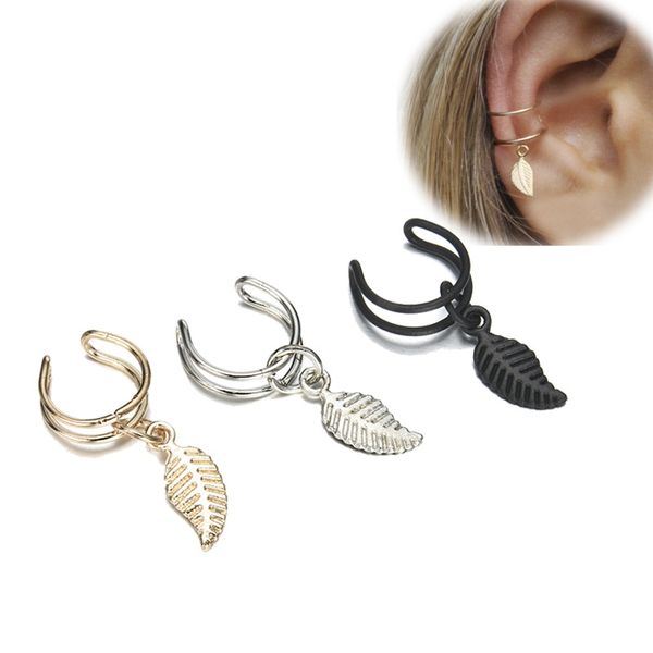 

europe and america u-shaped pierceless clip-on metal punk style men's cool three-color leaf small clip-on ear cuff, Golden;silver