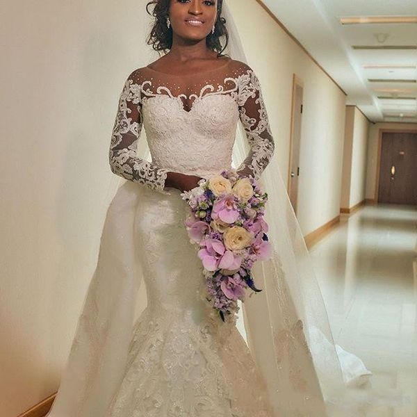 

2020 new arabic mermaid wedding dresses sheer jewel neck lace appliques long sleeves with overskirts chapel train plus size bridal gowns, White