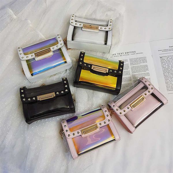 

manfuni 2019 fashion transparent jelly package for women rivet chain small square bag ladies retro laser pu crossbody bag