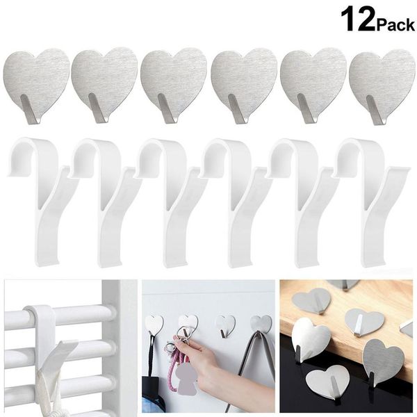 

6 pcs heart shape hangers for radiators +6 pcs hooks stickers for towels waterproof in stainless steel creative storage hook &xs