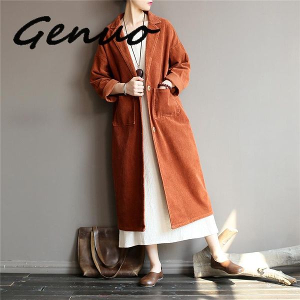 

genuo new women corduroy trench coats 2019 autumn winter new solid color long sleeve button pockets casual loose women trench, Tan;black