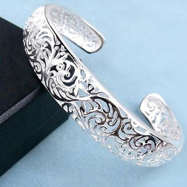 

women 925 silver bezel hollow open bracelet stainless steel bracelet vintage fashion jewelry gift, Black