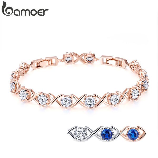 

bamoer 4 colors clear cz gold color bracelets for women elegant tennis chain link women bracelet fine silver jewelry yib043, Golden;silver