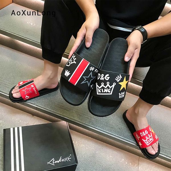 

summer men's slippers fashion 2019 new non-slip youth trend full grain leather sandals outdoor beach slides flip-flops shoes, Black