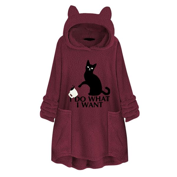 Mulheres Plus Size Inverno Hoodies Thicken Plush moletom com capuz Desenhos animados bonitos do gato do Impresso solto Asymmetric Hem Túnica Hoodies Moda