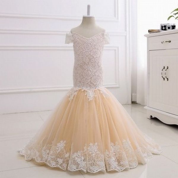 Acheter Nouvelle Sirène Fille Robe Dentelle Tulle Champagne Fleur Fille Robes Adolescente Robe Pour Mariage Fête Anniversaire De 593 Du Girlnew123