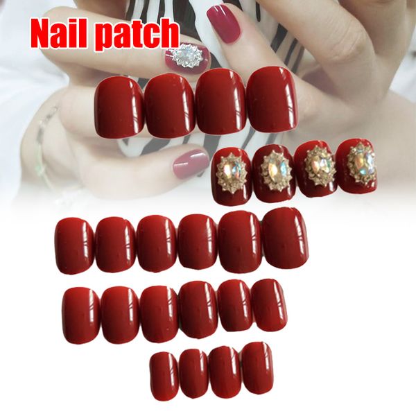 

solid color nails patch acrylic false nails full cover fake tips wine red with handmade crystal patch ey669, Red;gold