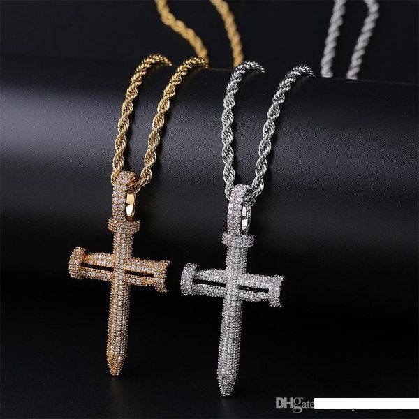 

nail-shaped cross zircon man hip-hop pendant gold silver environmental protection copper necklace new