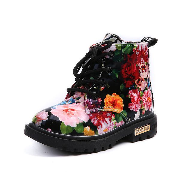 

shoes floral martin boots for girls botas elegant flower print pu leather shoes child rubber soled boots bottes, Black;grey