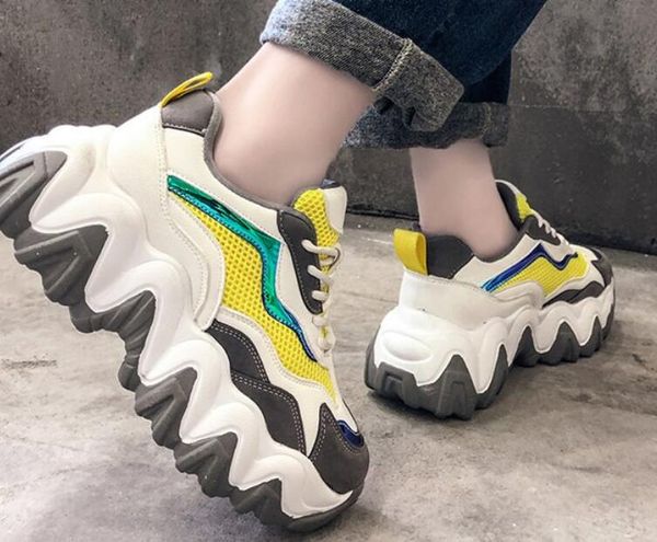 

casual shoes lace up high heel 2020 winter round head muffin sole sole polyurethane mesh deep mouth pu casual shoes mixed material, Black