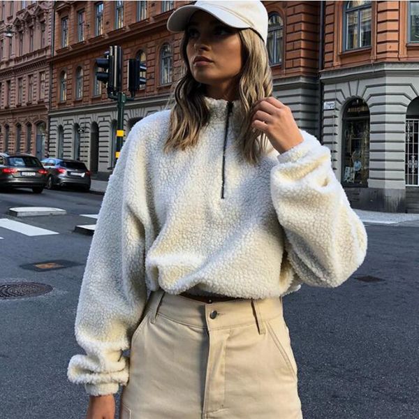 

2019 long-sleeved zipper high collar imitation cashmere 2018 autumn and winter women's fashion solid color jacket casual top, Black