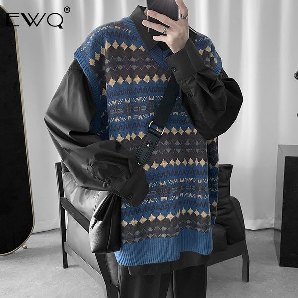 

ewq / 2019 new fashion autumn vintage jacquard sweater vest men v-neck loose tide japanese knitted blusas de lÃ£ masculina 9a155