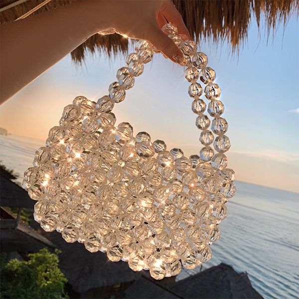 

мода designtransparent кристалл pearl mini сумки посыльного handmade вязание женская сумка кошельки лето пляж мешок шариков tote