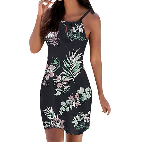 

women knee length elegant beach dress tied spaghetti strap short sleeve floral print shift dress 2019 summer beach sundress #new, Blue;gray