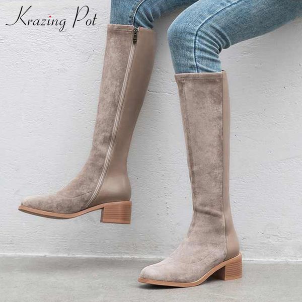 

krazing pot soft cozy flock patchwork cow leather long boots round toe high heels winter keep warm women thigh high boots l83, Black