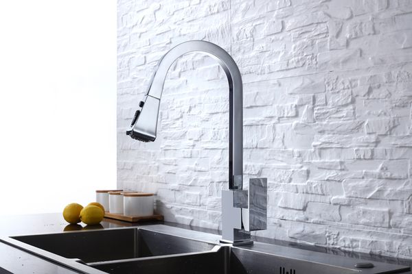 

olmey new arrival sqaure brass kitchen sink faucet - deck mounted single handle pull down kitchen mixer taps in chrome 12001