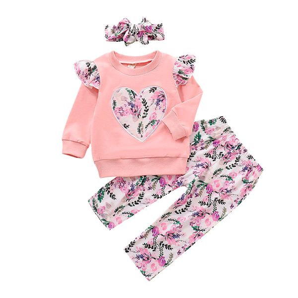 

casual toddler kids baby girl clothes set flower t-shirt+pants+headband tracksuit 2pcs child outfits baby girl autumn clothing, White
