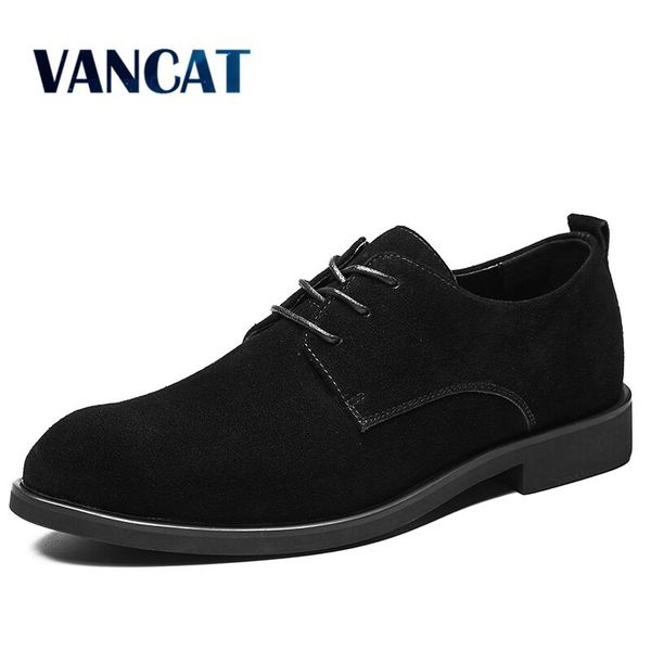 

vancat new big size 38-47 casual men cow suede leather men's shoes pointed toe lace up oxford formal shoes fashion dress, Black