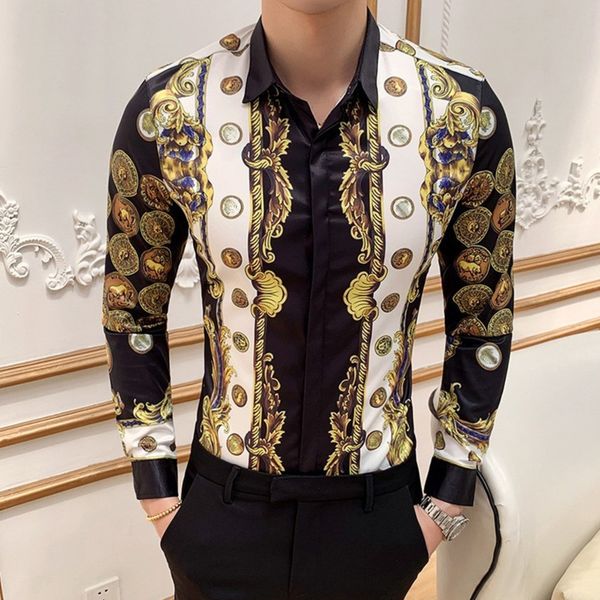 

luxury gold print men shirt casual slim fit long sleeve male dress shirts club work vintage tuxedo shirt camisa social masculina, White;black