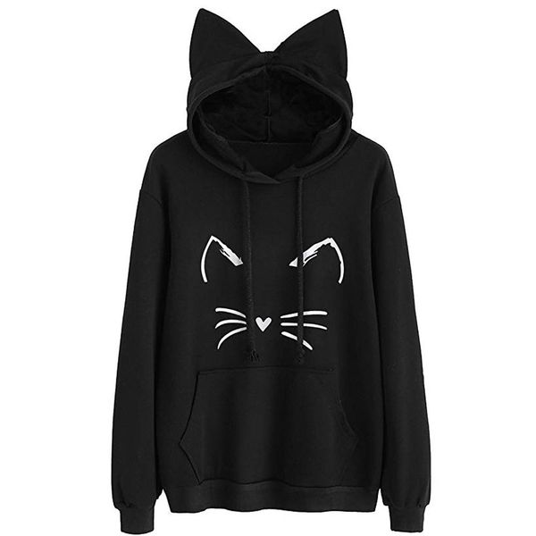 

autumn 2018 harajuku sweatshirt hoodies women streetwear cat print ear hoodie korean style woman clothes moletom feminino, Black