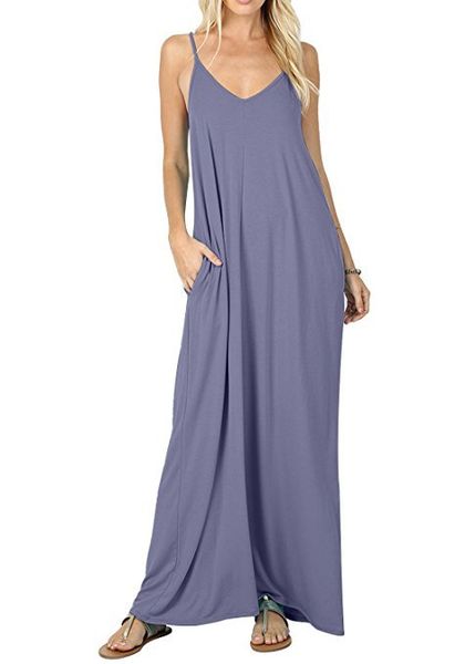 

fashion-women solid long beach maxi boho dresses summer casual spaghetti strap dress clothing, Black;gray