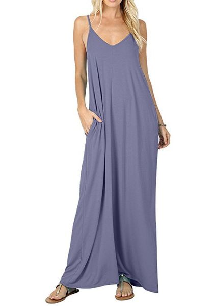 Mode-Frauen Solid Long Beach Maxi Boho Kleider Sommer Casual Spaghettiträger Kleid Kleidung