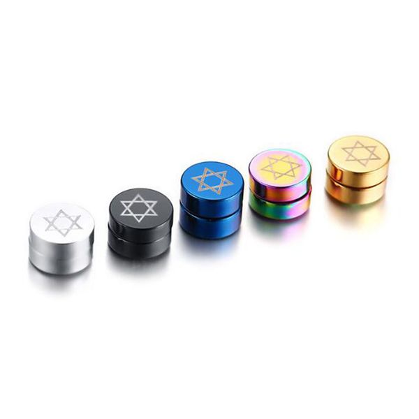 

mens kpop surgical steel magnet david star round pill barbell stud no piercing earrings for women customized words laser business gift, Golden;silver