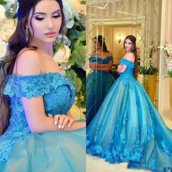 Бирюзовое вне плеча Бальное платье Quinceanera Платья 2020 Кружева Аппликации Бисероплетенные поезда с бисером Поезд плюс размер выпускных платья Vestidos de Novia