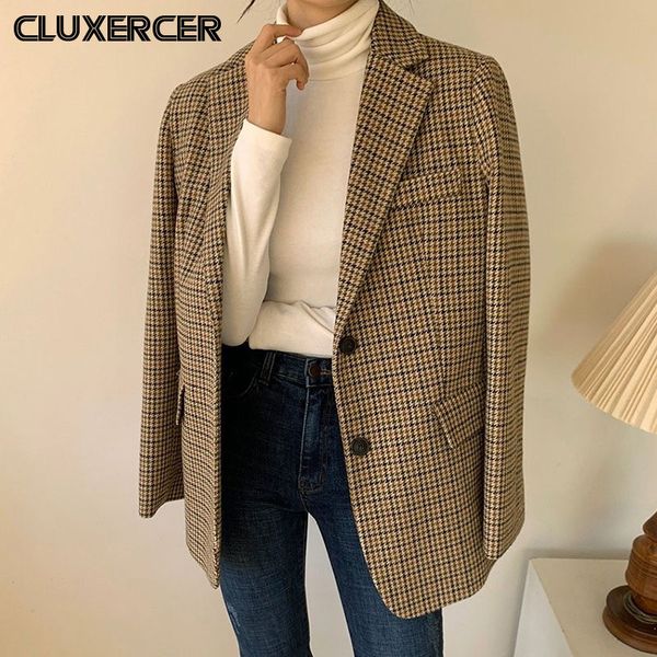 

korean women elegant plaid blazer long sleeve single breasted slim coat office work lattice suit jacket outerwear, White;black