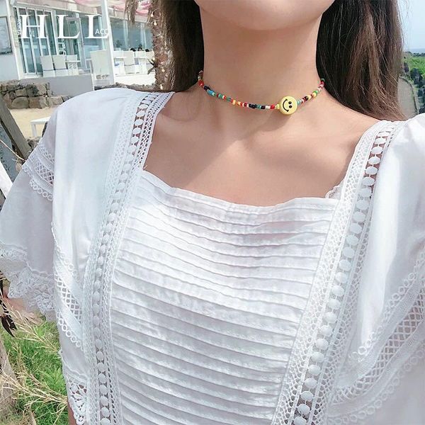

boho rainbow color beads smiley face choker necklaces for women colorful bead chain statement necklace jewelry collar gift 2019, Golden;silver