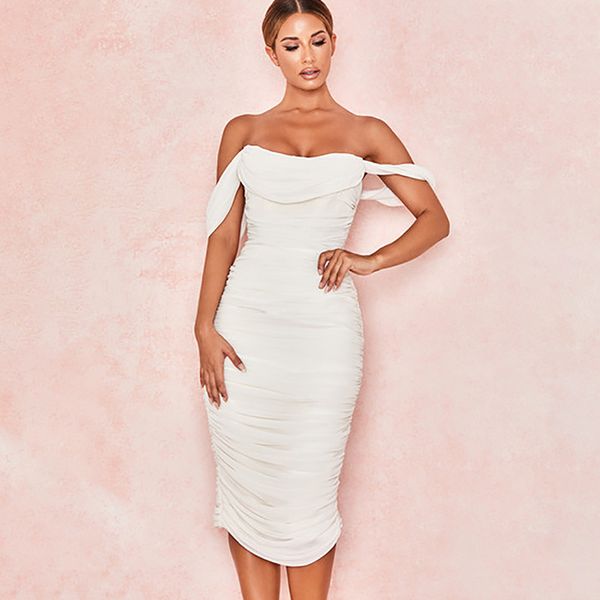 

lucyever 2020 new strapless white dress women off shoulder pleated bodycon dress woman summer mesh party vestidos de festa, Black;gray