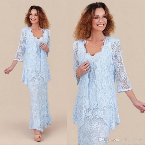 Elegante luz azul ilusão mãe nova dos vestidos de noiva com jaqueta torto de tornozelo manga longa vestidos de noite de casamento feito sob encomenda