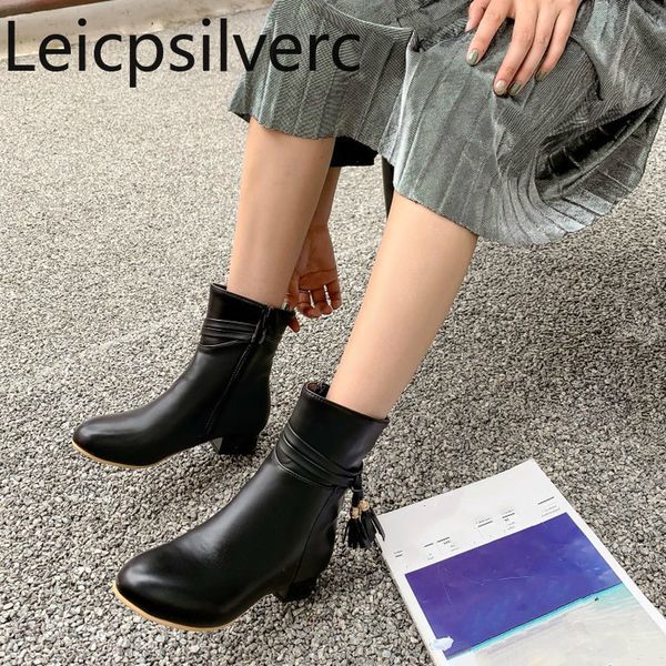 

women's boots the new winter fashion round head tassel zipper low-heeled middle tube women's shoes plus size 31-43 3cm high, Black