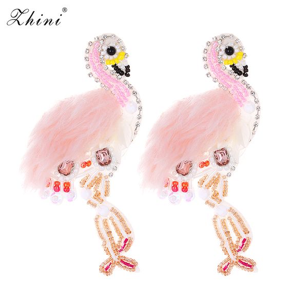 

zhini crystal bead handmade drop earring vintage cute pink feather birds long drop dangle statement earrings for women jewelry, Golden