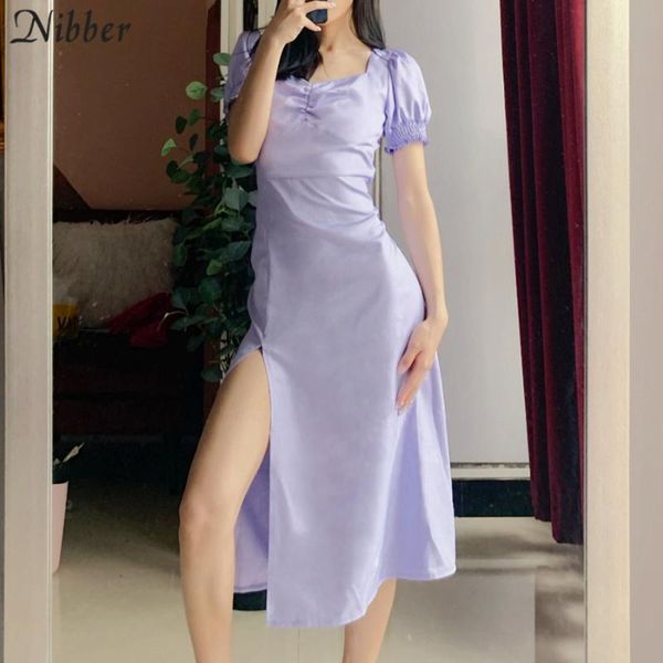 

nibber elegant square collar midi dresses female street casual dress simple kpop high slit party dress for woman femme robe, Black;gray