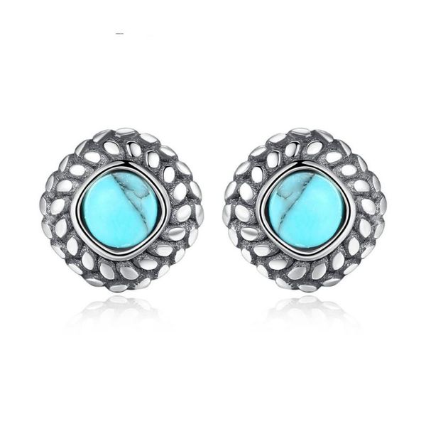 

s925sterling silver stud earrings european and american vintage bohemian national style turquoise earringsparty gift anniversary, Golden;silver