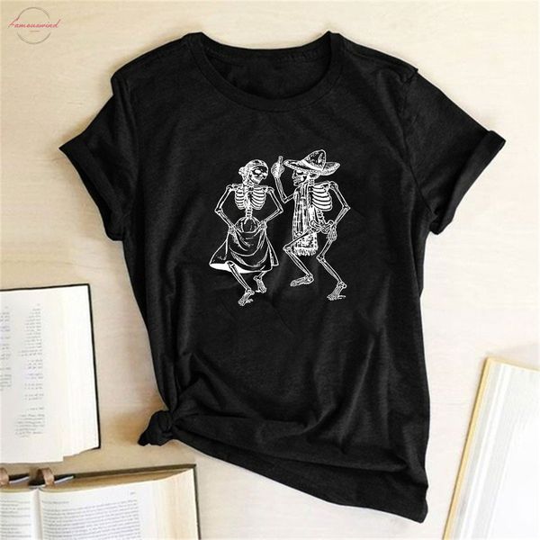 

skeleton halloween women t shirt skull punk rock graphic tee shirt femme funny kawaii short sleeve camisetas mujer, White