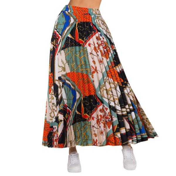 

pleated skirt elegant for womens boho high waist skirt female summer vacation casual beach maxi long faldas floral skirt a4, Black
