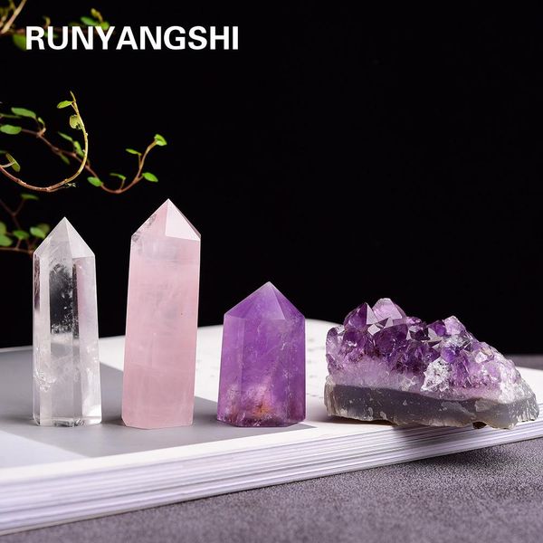 

4pc Tower Wicca Healing Crystal Hexagon Natural Minerals Magic Wand Home Decor Geode Amethyst cluster Rose Quartz