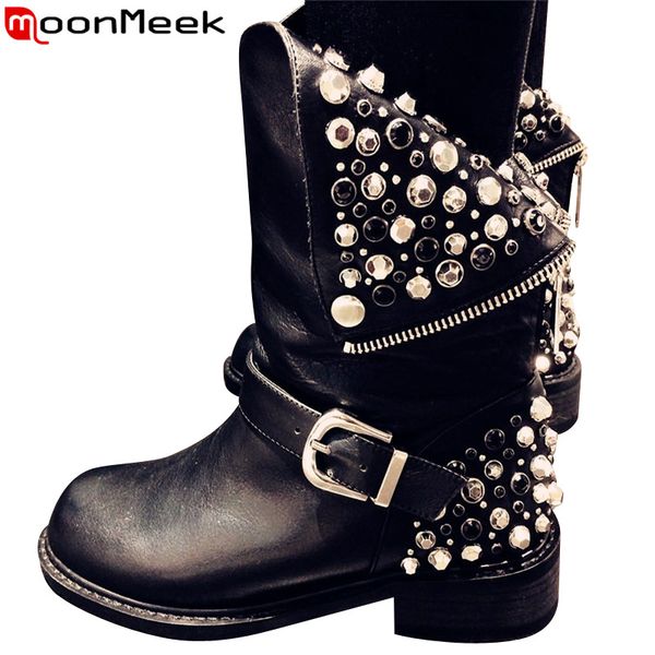 

moonmeek 2020 new genuine leather boots women zipper rivets punk autumn winter boots ladies motocycle, Black