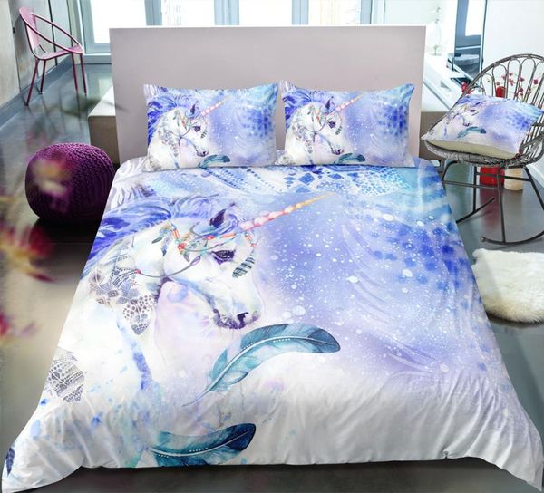 Galaxy Unicorn Duvet Cover Sets Watercolor Blue Unicorn Portrait