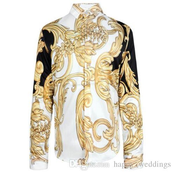 

2017 autumn winter harajuku medusa gold chain/dog rose print shirts fashion retro floral sweater men long sleeve shirts, White;black