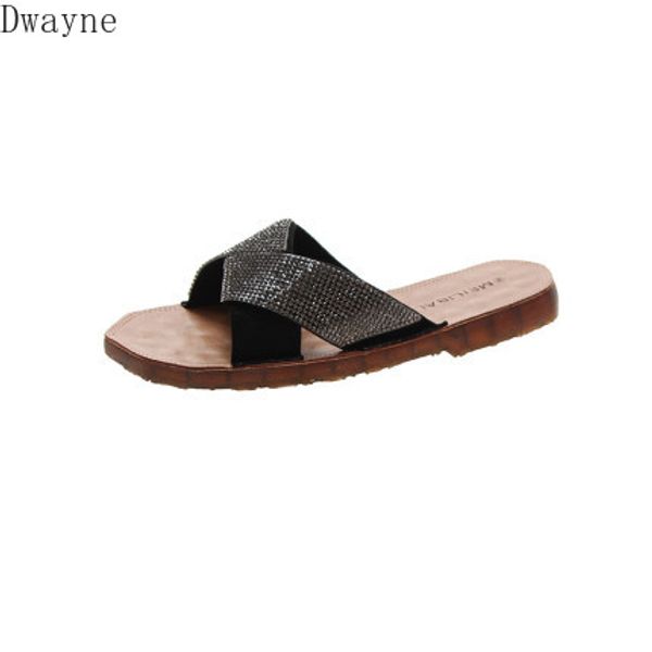

flat sandals and slippers women wear 2020 summer new wild fashion rhinestone fashion flip flops ins tide, Black