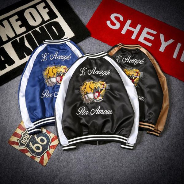 

новый дизайнер мужской куртки мода весна осень мужская вышивка tiger head бомбардировщика куртка повседневный мандарин воротник пальто для м, Black;brown