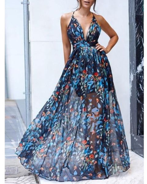 

women's sling floral long dresses arrival summer boho v-neck sleeveless party beach floarl print maxi dress casual sundress, Black;gray