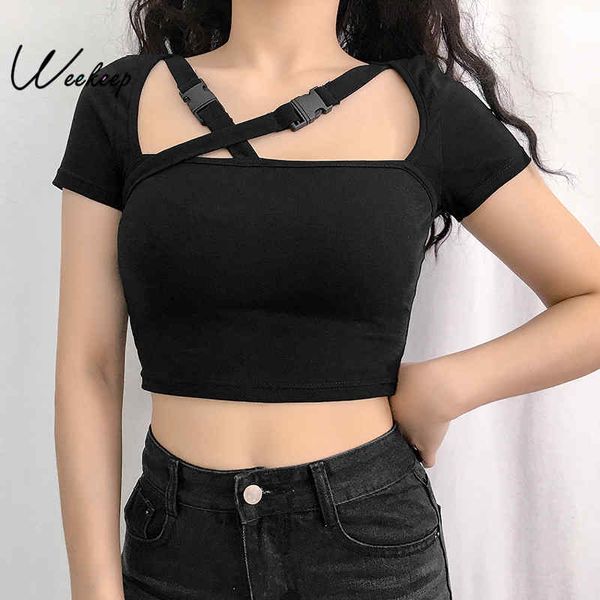 

weekeep women cropped buckle cross tank black square short sleeve crop summer streetwear crop, White