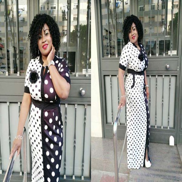

african clothes vintage bodycon maxi dress women summer short sleeve black white polka dot bandage robe office lady party, Red