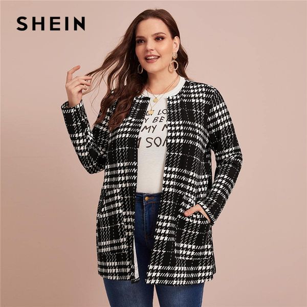 

shein plus size plaid print pocket front open placket coat women spring autumn office lady plus longline outwear casual coats, Black;brown